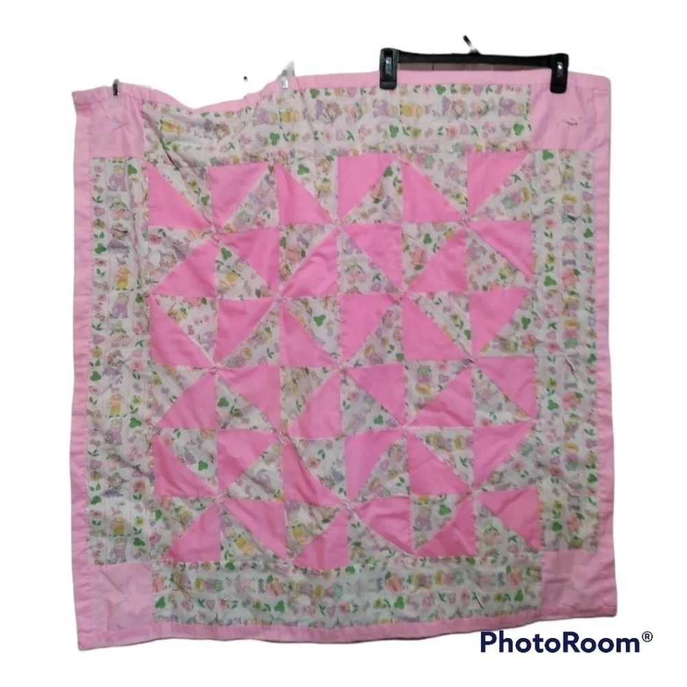 Vintage handmade child's quilt and matching pillow pink and print